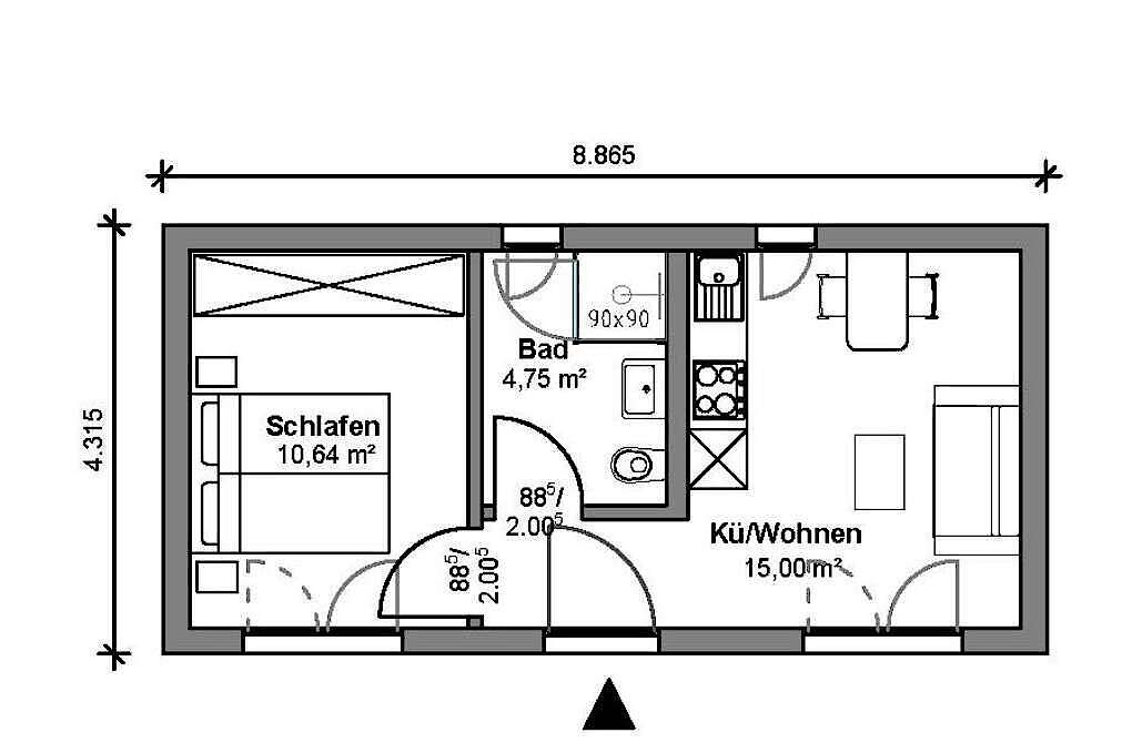 Standard Modul M, Grundriss mit 30 m² Wohnfläche