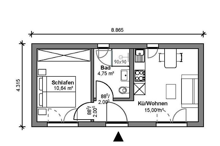 Standard Modul M, Grundriss mit 30 m² Wohnfläche