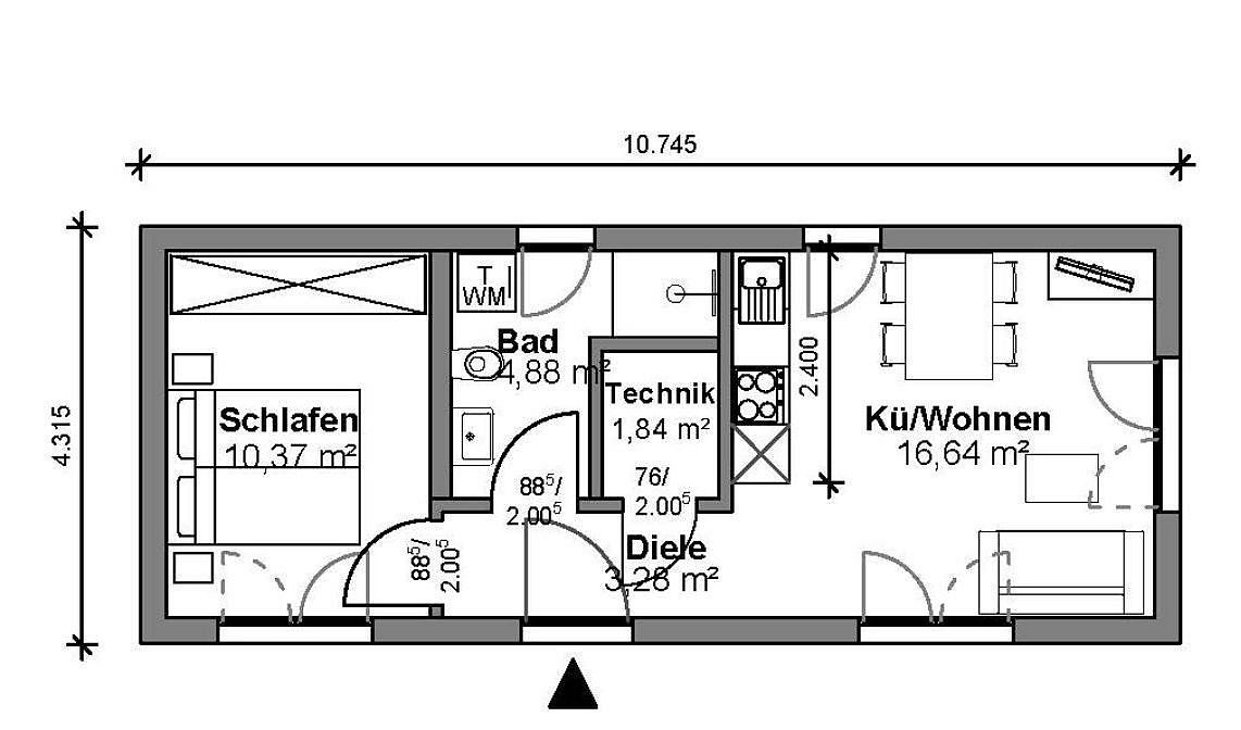 Standard Modul L, Grundriss mit 35 m² Wohnfläche