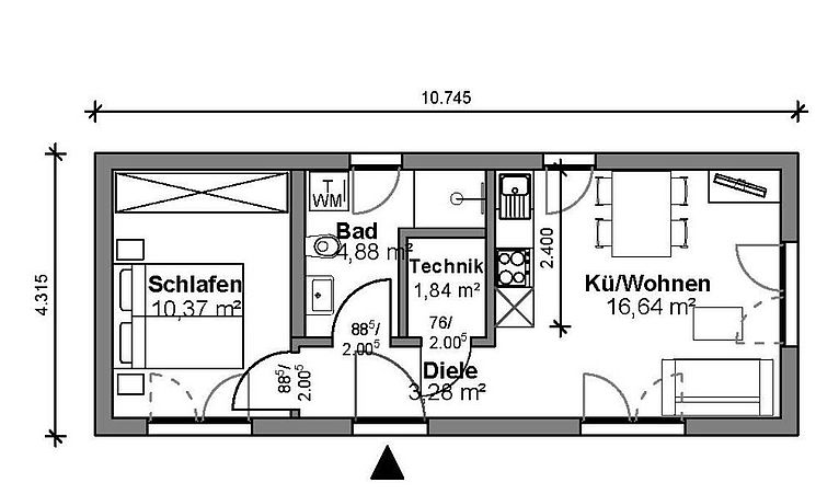 Standard Modul L, Grundriss mit 35 m² Wohnfläche